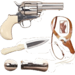 Cimarron Doc Holliday Combo Pistol 45 Colt (Long Colt) 3.5″ Barrel, 6-Round Nickel, Bone Ivory Gripped Dagger/Huckle Berry Shoulder Rig