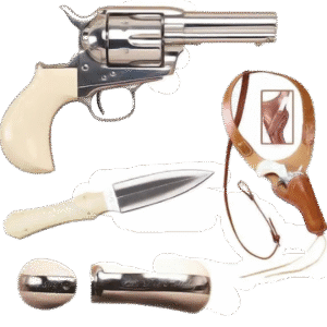 Cimarron Doc Holliday Combo Pistol 45 Colt (Long Colt) 3.5″ Barrel, 6-Round Nickel, Bone Ivory Gripped Dagger/Huckle Berry Shoulder Rig