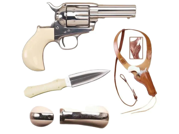Cimarron Doc Holliday Combo Pistol 45 Colt (Long Colt) 3.5″ Barrel, 6-Round Nickel, Bone Ivory Gripped Dagger/Huckle Berry Shoulder Rig